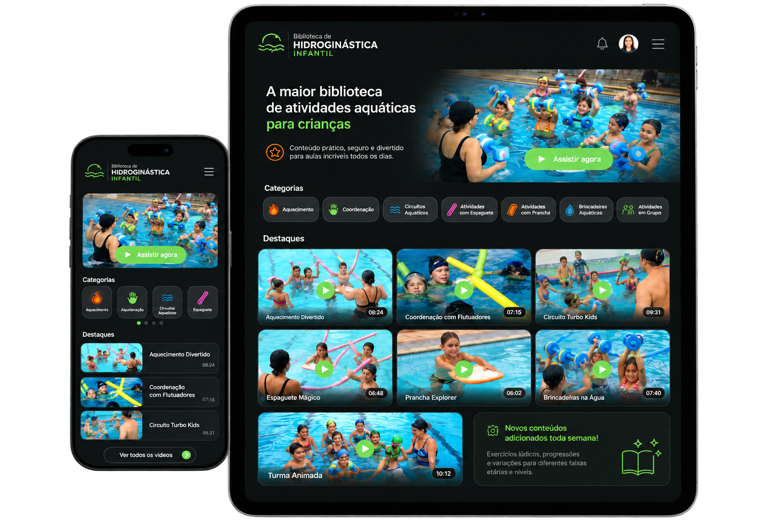 Preview do app Biblioteca de Hidroginástica Infantil com categorias e vídeos de atividades aquáticas