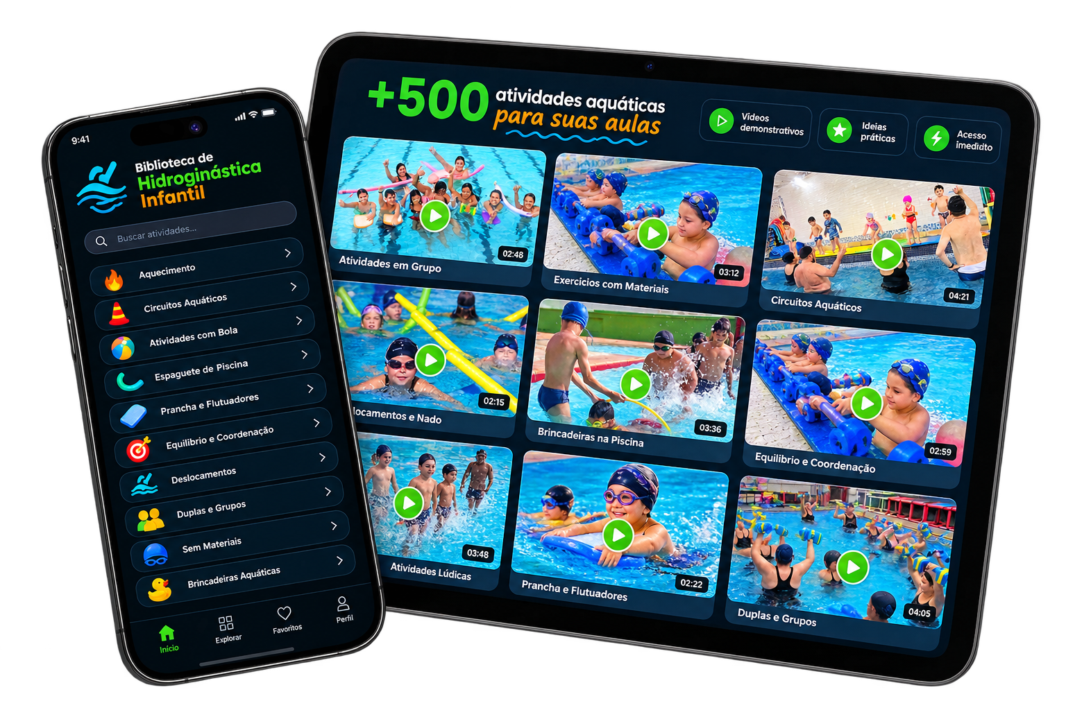 App Biblioteca de Hidroginástica Infantil no celular e no tablet com categorias e vídeos de atividades na piscina