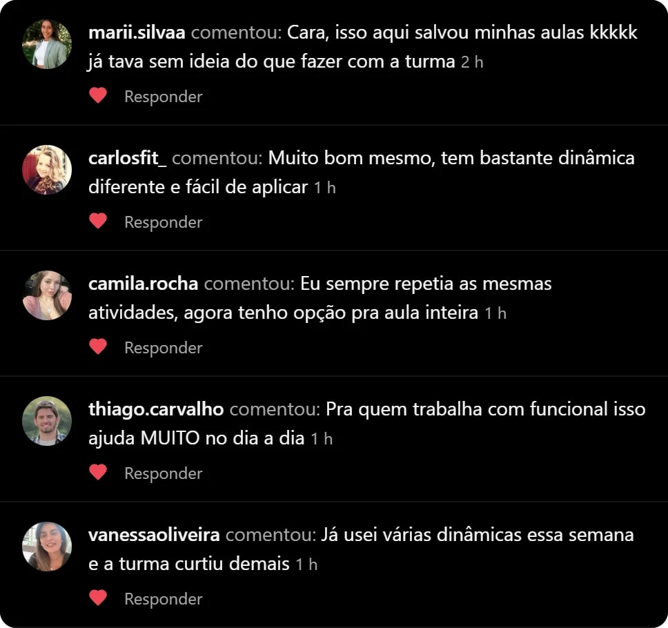 Comentários de profissionais elogiando as atividades