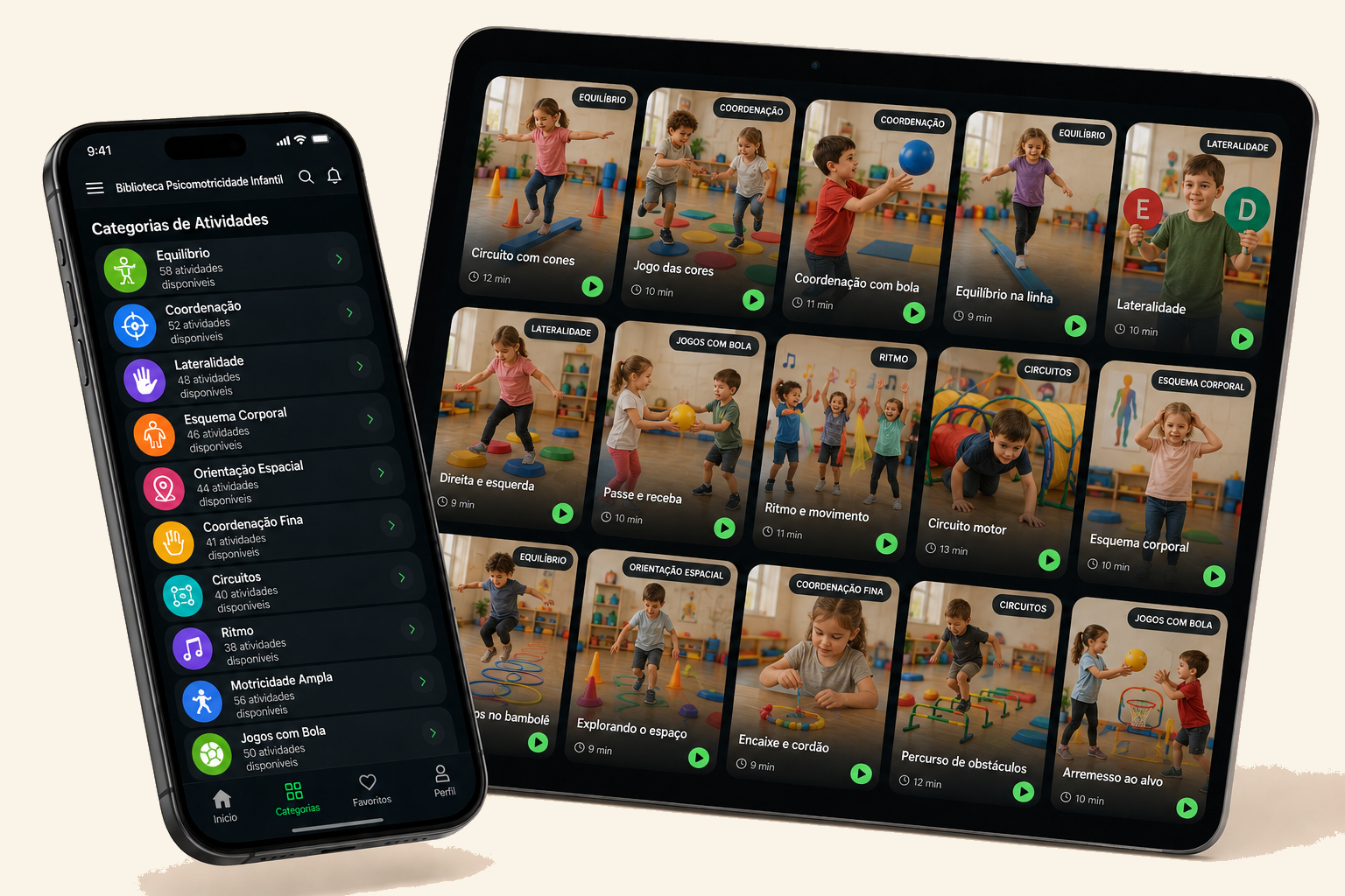 App Biblioteca de Psicomotricidade Infantil no celular e no tablet com categorias e vídeos de atividades
