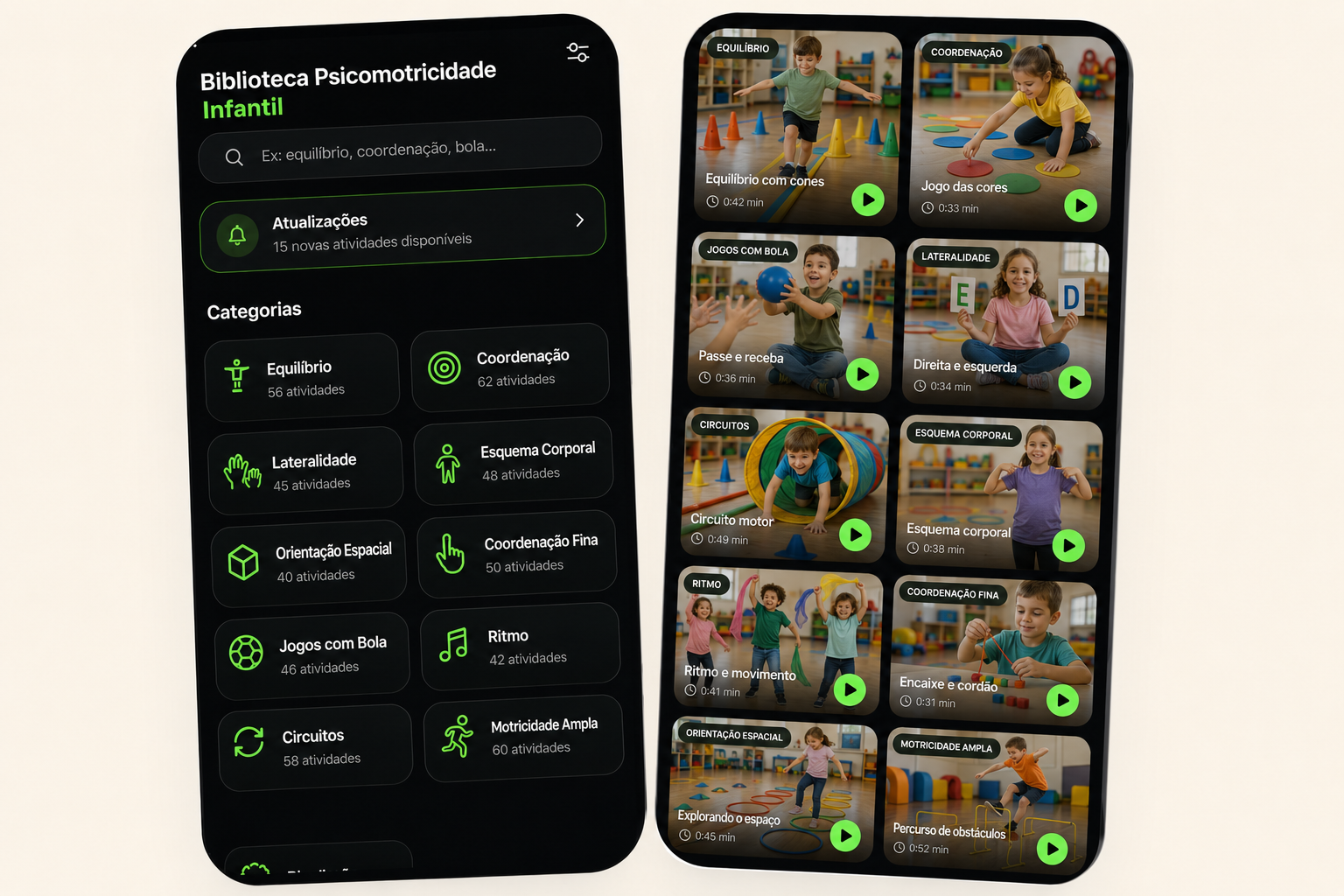 Preview do app Biblioteca de Psicomotricidade Infantil com categorias e vídeos de atividades